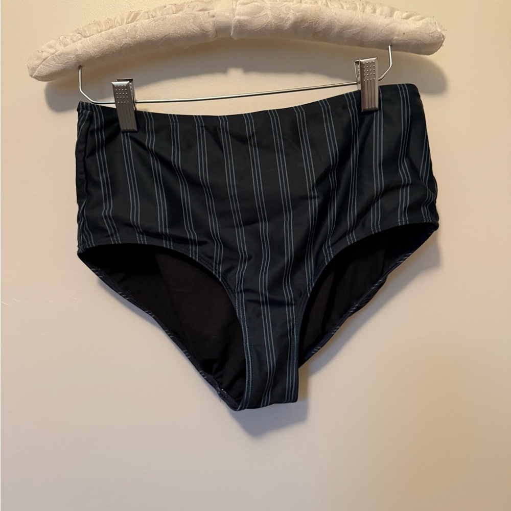 Albion High-Waist Dark Navy Bikini Bottom with Thin Blue Pinstripes